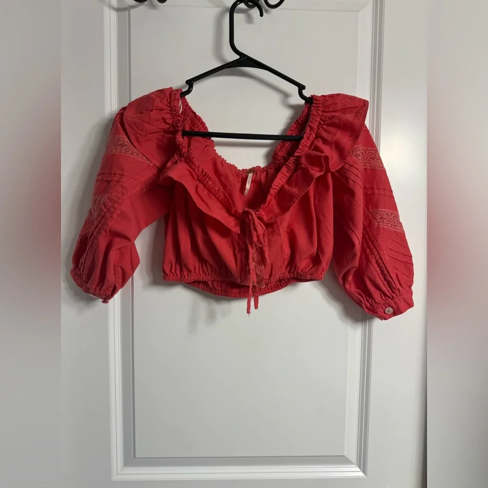 FREE PEOPLE BEATRICE BB CROP OFF SHOULDER TOP LINEN PASSIONFRUIT Size S